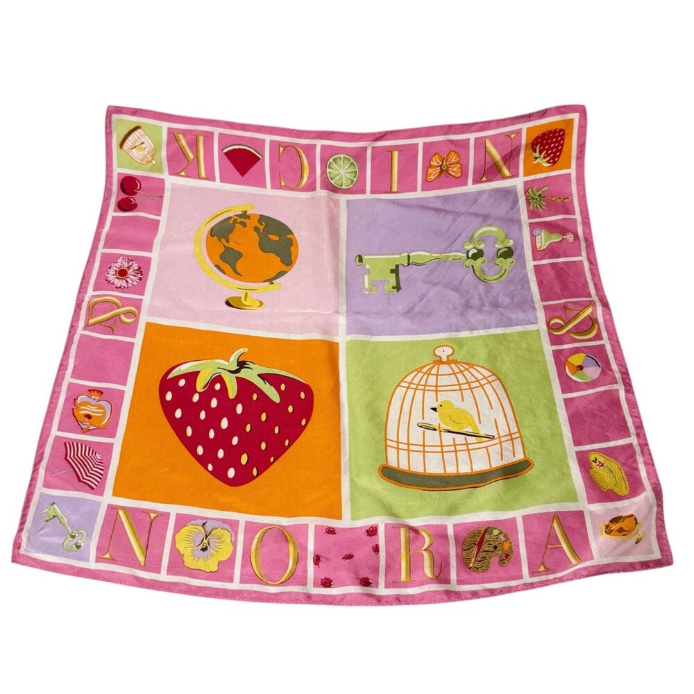 Nick & Nora Silk Scarf Colorblock 20" Square Strawberry Birdcage Globe Key US